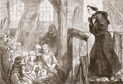 Luther forkynner i den gamle trekirken i Wittenberg, illustrasjon fra The History of Protestantism av James Aitken Wylie (1808-1890), pub. 1878 av English School