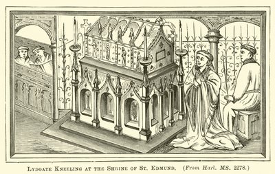 Lydgate kneler ved Shrine of St Edmund av English School