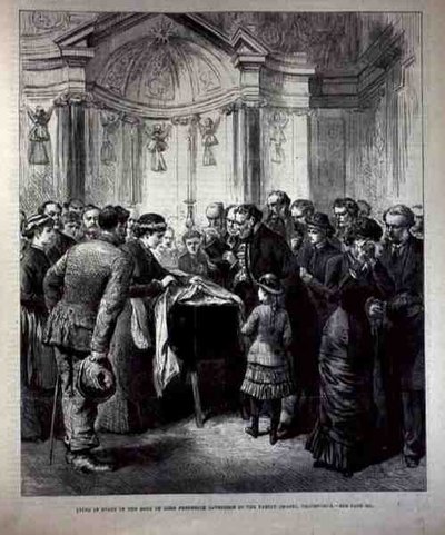 Ligger i staten, kroppen til Lord Frederick Cavendish (1836-82) i Family Chapel, Chatsworth, fra The Illustrated London News, 20. mai 1882 av English School