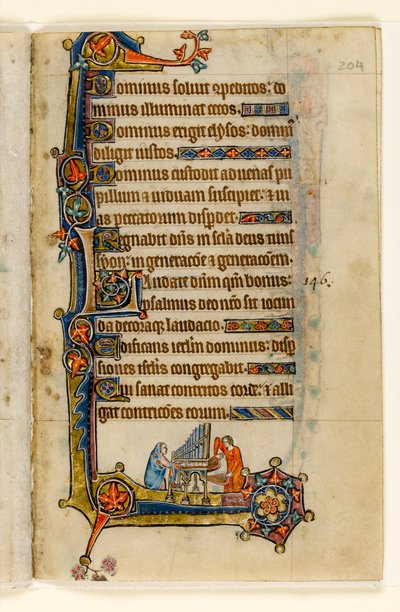 MS 1-2005, fol. 204r: Playing an Organ, marginal dekorasjon fra Macclesfield Psalter, Use of Sarum, East Anglia, ca. 1330 av English School