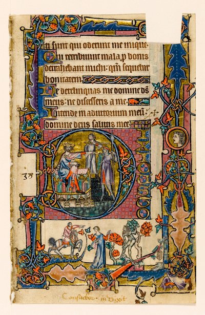 MS 1-2005, fol. 58r: Saul sender Doeg for å drepe prestene i Nob, historikert initial fra Macclesfield Psalter, Use of Sarum, East Anglia, ca. 1330 av English School