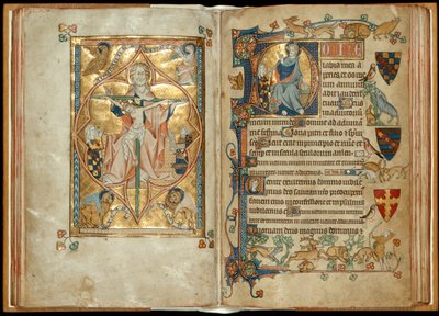 MS 242 f. 28v-29r Barmhjertighetens trone med beskyttere, Kristus velsignelse med en beskytter, ca. 1314-30 (bladgull og tempera på pergament) av English School