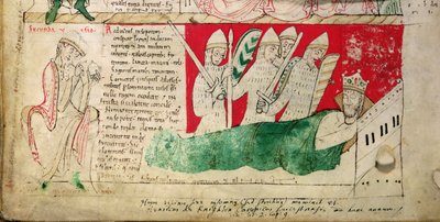 MS CCC 157 s. 382 Synene som kong Henrik I drømte i Normandie i 1130, satt inn ca. 1140 av Johan av Worcester i krøniken som ble påbegynt av Florence av Worcester (d. 1118) ca. 1130-40 (pergament) (detalj av 95503) av English School