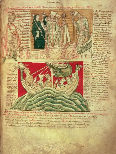 MS CCC 157 s.383 Visjonene drømt av kong Henry I i Normandie i 1130, fra Worcester Chronicle, ca. 1130-40 (vellum) satt inn ca. 1140 av John of Worcester i krøniken startet av Florence av Worcester (d. 1118); en av de tidligste overlevende kroniske av English School