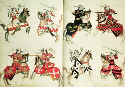 MS Harley 4205 fol.31v-32 Jousting-riddere som viser heraldiske emblemer (vellum) av English School