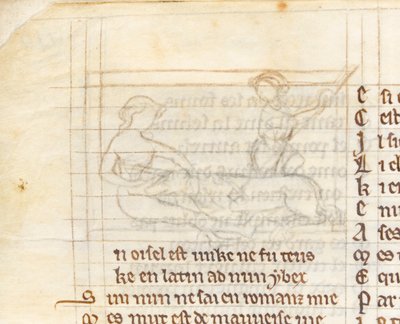 MS McClean 123 f.40v Undertegning for en miniatyr som viser en jeger som fanger en enhjørning som ligger naken i en jomfrus fang, fra 