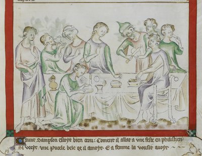 MS Royal 2 BVII, f.43 Møte mellom Samson og Delila ved en filisterfest, detalj fra 