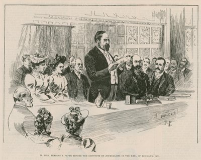 M Emile Zola leser en artikkel foran Institute of Journalists i hallen til Lincolns Inn, London av English School