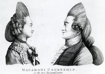 Macaroni Courtship, or the two Insignificants, utgitt av M. Darly, 1772 (mezzotint) av English School