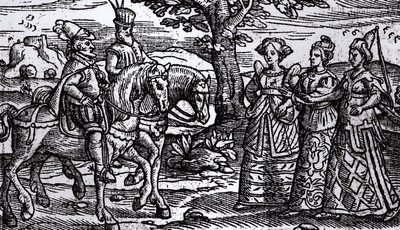 Macbeth, Banquo and the Three Witches, The Historie of Scotlande, 1577, av English School