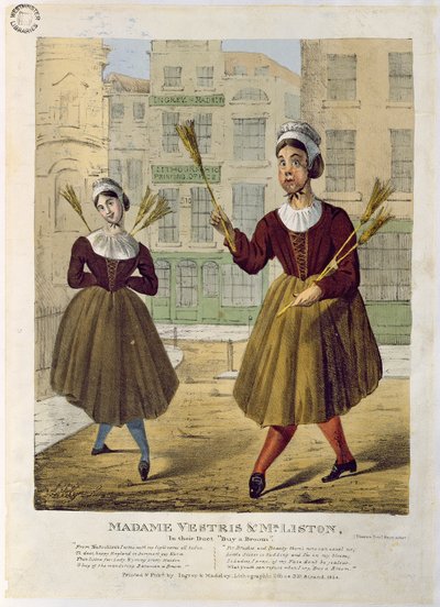 Madame Vestris og Mr Liston i deres Duett Buy a Broom, pub. av Ingrey & Madeley, 1826 av English School