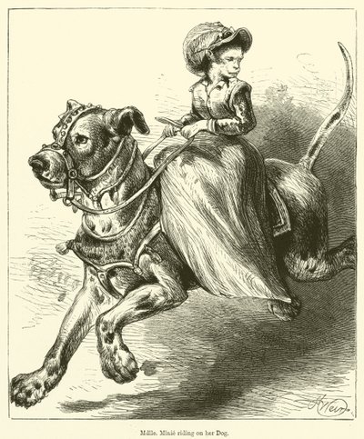 Mademoiselle Minie rir på hunden sin (gravering) av English School