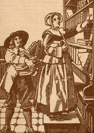 Mannlige og kvinnelige bokhandlere som jobber i en bokhandel fra 1600-tallet (litho) av English School