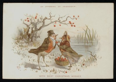 Mannlige og kvinnelige robiner i kostyme. Julekort. (chromolitho) av English School