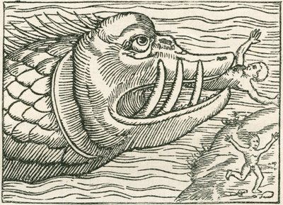 Mann blir spist av en sjøorm. Illustrasjon funnet i margen på kart utarbeidet av Olaus Magnus av English School