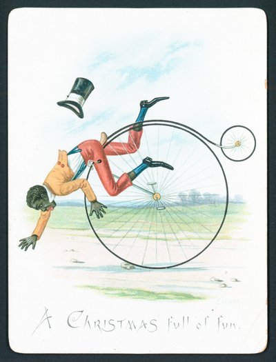 Mann som faller av Penny Farthing, julekort av English School