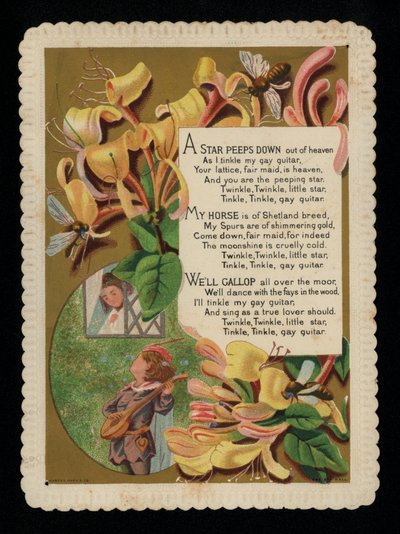 Mann serenade sin elsker og kaprifol, gratulasjonskort (chromolitho) av English School