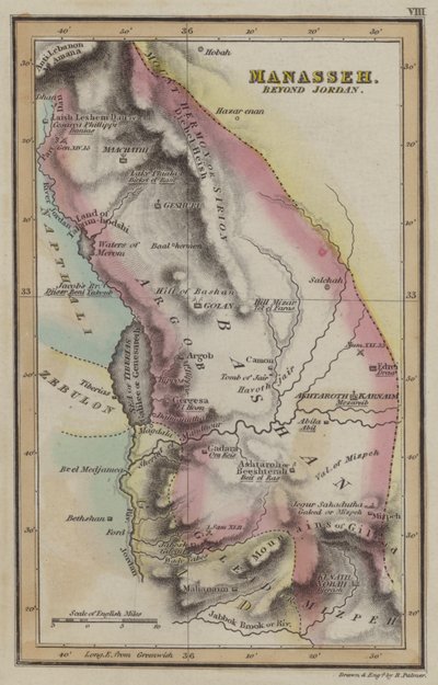 Manasse, bortenfor Jordan (farget gravering) av English School