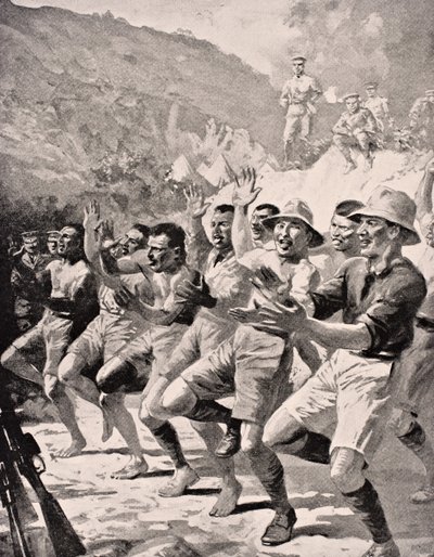 Maori-soldater utfører en Haka på Gaba Tepe på Gallipoli-halvøya Tyrkia 1915, fra 
