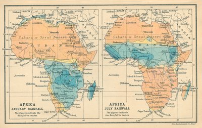 Karte: Afrika, Januarregen, Juliregen (Farblithografie) von English School