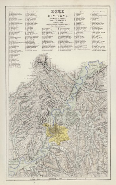 Kart: Roma, med dets omgivelser, ifølge undersøkelsen til Baron Moltke, i 1845 og 1846, tegnet av Augustus Petermann (farge litho) av English School