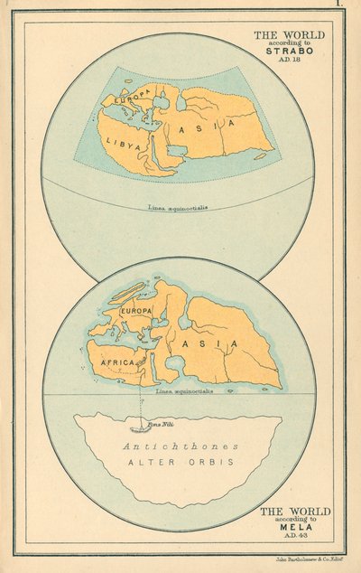 Kart: Verden ifølge Strabo år 18 e.Kr., Mela år 43 e.Kr. (fargelitografi) av English School