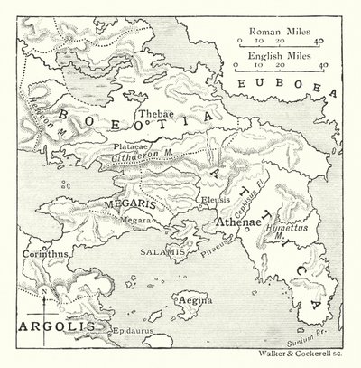 Kart inkludert Attika, med Salamis og Egina, Boeotia, Megaris og en del av Corinthia og Argolis (litho) av English School