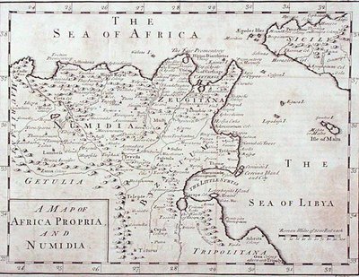 Kart over Afrika Propria og Numidia (Moderne Tunisia og Algerie) sent på 1700-tallet (gravering) av English School