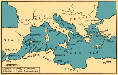 Kart over oldtidens piratvirksomhet og berberkaprerne, fra «History of Piracy» av Philip Gosse av English School