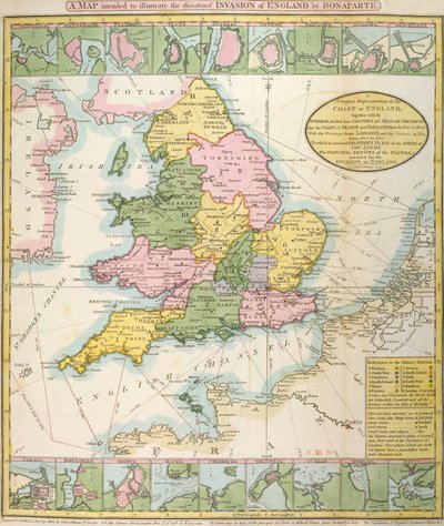 Kart over Storbritannia, som illustrerer den truede invasjonen av Napoleon Bonaparte (1769-1821) 1803 (farge litho) av English School