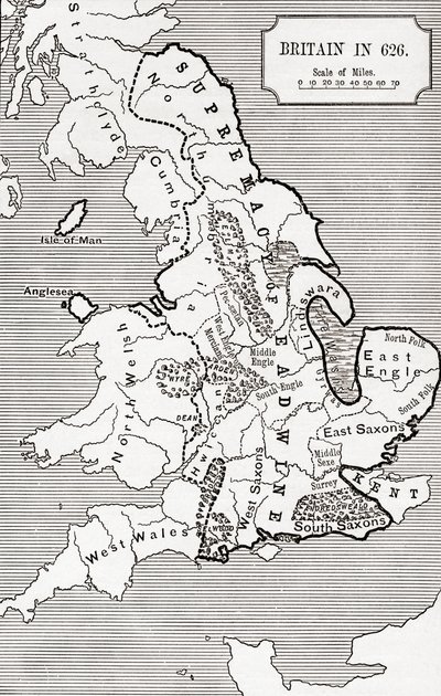 Kart over Storbritannia i 626, fra The Northumbrian Kingdom 588 til 685 i 