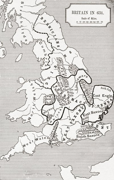 Kart over Storbritannia i 634, fra The Northumbrian Kingdom 588 til 685 i 