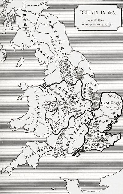 Kart over Storbritannia i 665, fra The Northumbrian Kingdom 588 til 685 i 
