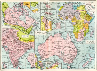 Kart over britiske eiendeler i 1914 ved utbruddet av første verdenskrig, fra The British Empire Universities Modern English Illustrated Dictionary, pub.1914 av English School