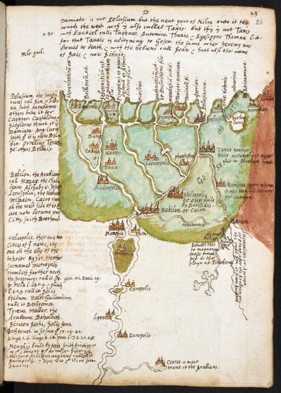 Kart over Nedre Egypt, fra notatboken til Sir Walter Raleigh (1552-1618), ca. 1606-08 (penn og blekk på papir) av English School