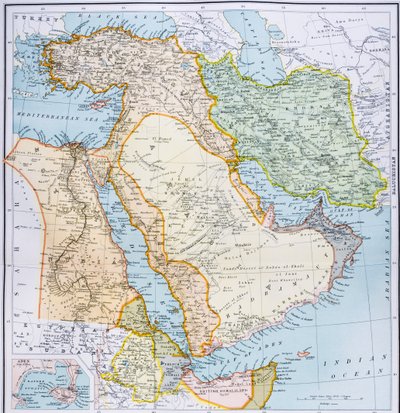 Kart over Tyrkia, Midtøsten Afrikas horn og Persiabukta på 1890-tallet, fra 