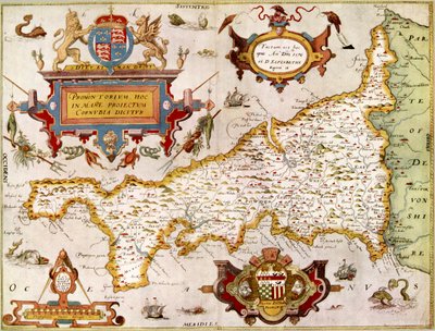 Kart over Cornwall fylke i 1576, fra «Saxtons Atlas...», gjengitt i «Old Decorative Maps...» av Arthur L. Humphreys av English School