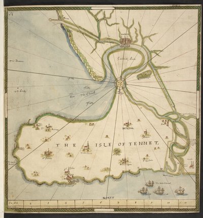 Kart over Isle of Thanet og Sandwich Marsh, basert på en plan av John Rogers, ca. 1610 (penn, blekk og akvarell på papir) av English School