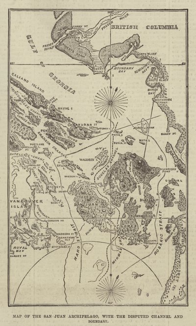 Kart over San Juan-skjærgården, med den omstridte kanalen og grensen (gravering) av English School