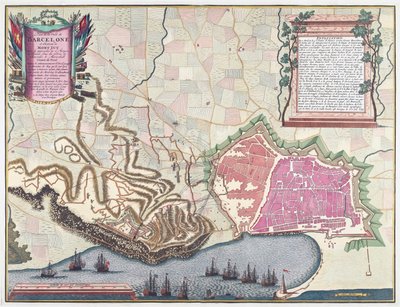 Kart over beleiringen av Barcelona i april 1706 (fargelitografi) av English School