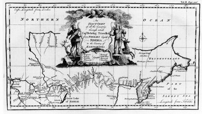 Kart over ruten tatt av Vitus Bering (1681-1741) over Sibir til Kamchatka, fra Navigantium atque Itinerantium Bibliotheca publisert 1744 av English School