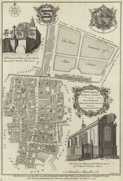 Kart over avdelingene i Coleman Street og Bassishaw, London av English School
