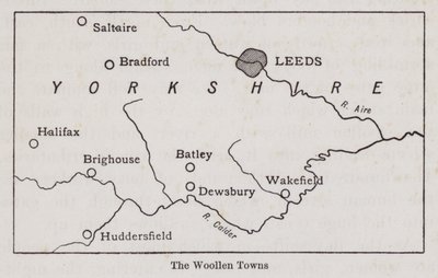 Kart som viser Woolen Towns of Yorkshire (litho) av English School