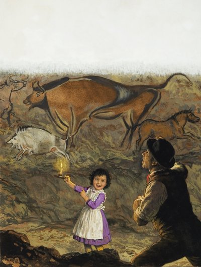 Marcelino Sanz de Sautuola (1831–88) og datteren hans, Maria, oppdager hulemaleriene i Altamira (gouache på papir) av English School