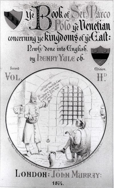 Marco Polo dikterer memoarene sine i fengselet til Rustichello av Pisa, tittelside til bind 2 av The Book of Marco Polo the Venetian Concerning the Kingdoms of the East, oversatt av Henry Yule, andre redigering av English School