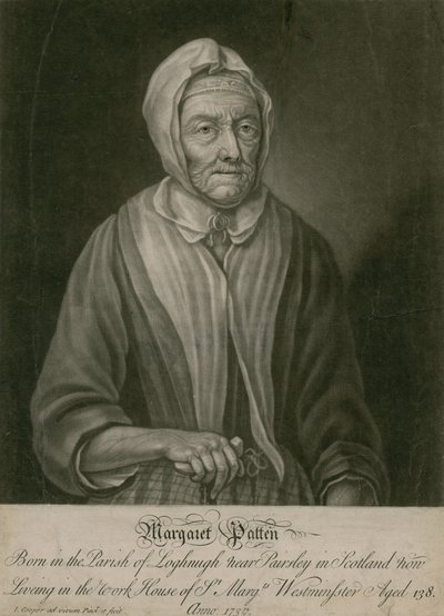 Margaret Patten, nå bosatt i arbeidshuset til St Margarets, Westminster, 138 år gammel av English School
