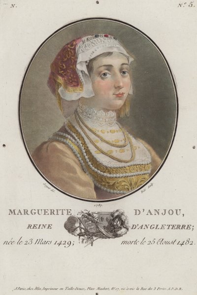 Margaret av Anjou, dronningkonsort av kong Henry VI av England (farget gravering) av English School