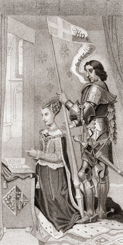 Margaret av Danmark med St. Knud, Danmarks beskytter, bak seg med et banner som viser korstogenes kors. Margaret av Danmark av English School