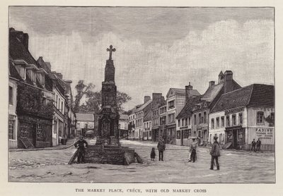 Markedsplass, Crecy, Frankrike, med det gamle markedskorset (litho) av English School