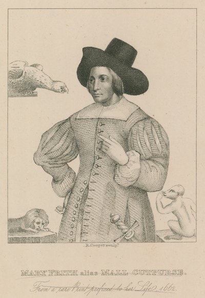 Mary Frith, alias Moll Curpurse, fra et sjeldent trykk med prefikset til livet hennes, 1662 av English School